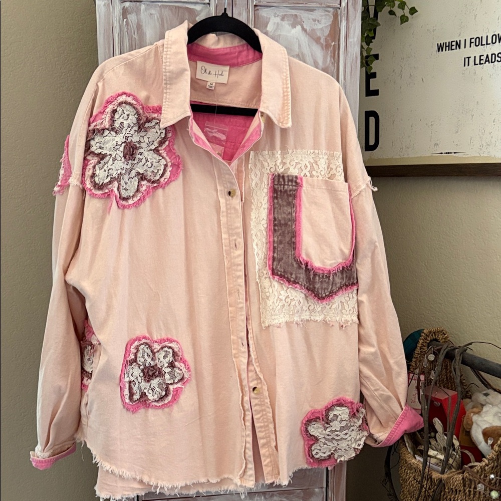 Oli & Hali Pink Button Down Shirt with Floral Accents